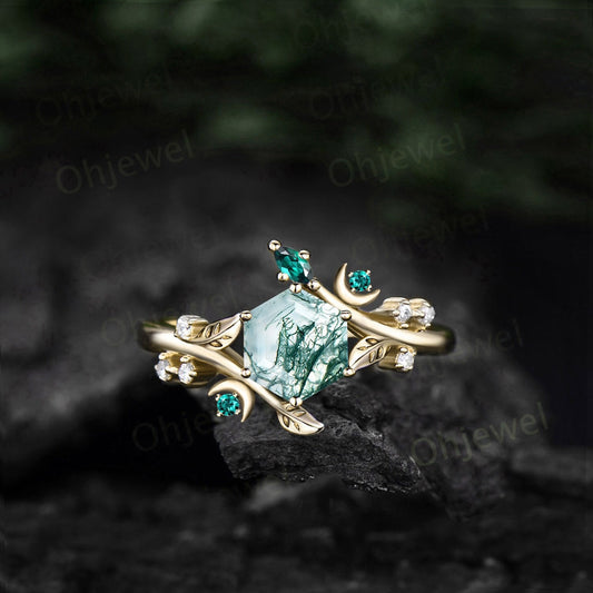 Hexagon cut green moss agate ring vintage yellow gold leaf moon unique engagement ring women emerald diamond wedding anniversary ring gift