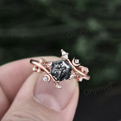 Hexagon cut black rutilated quartz ring vintage yellow gold leaf moon unique engagement ring women diamond wedding anniversary ring gift