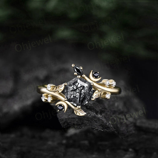 Hexagon cut black rutilated quartz ring vintage yellow gold leaf moon unique engagement ring women diamond wedding anniversary ring gift