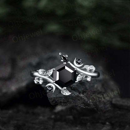 Hexagon cut black onyx ring vintage solid 14k yellow gold leaf moon unique engagement ring women diamond wedding anniversary ring gift
